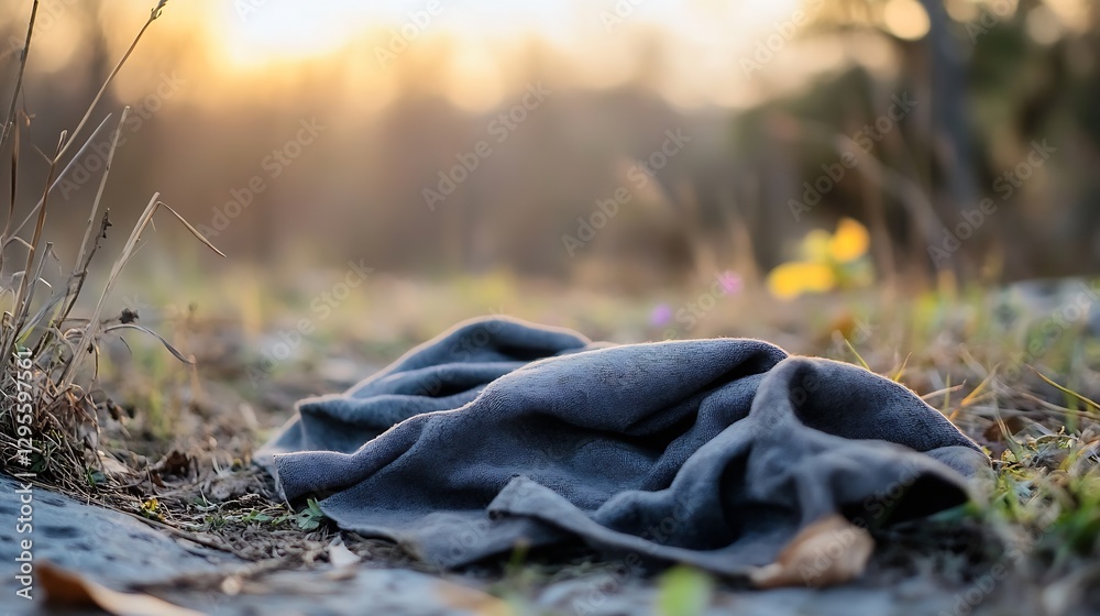 Poster forgotten blanket on ground surrounded by nature with soft light and gentle bokeh : generative ai