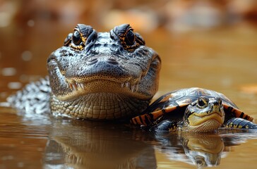 Fototapeta premium Close-Up of Alligator and Turtle in Calm Water Showcasing Unique Symbiosis in Natural Habitat with Vibrant Colors and Intricate Textures