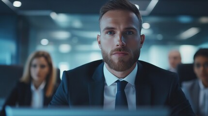 Corporate leader manager leading videoconference with diverse team business people having digital group video call conference working in office at online virtual meeting on pc computer. Over shoulder