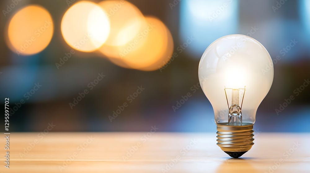 Poster illuminated light bulb on wooden table with bright blurred background : generative ai