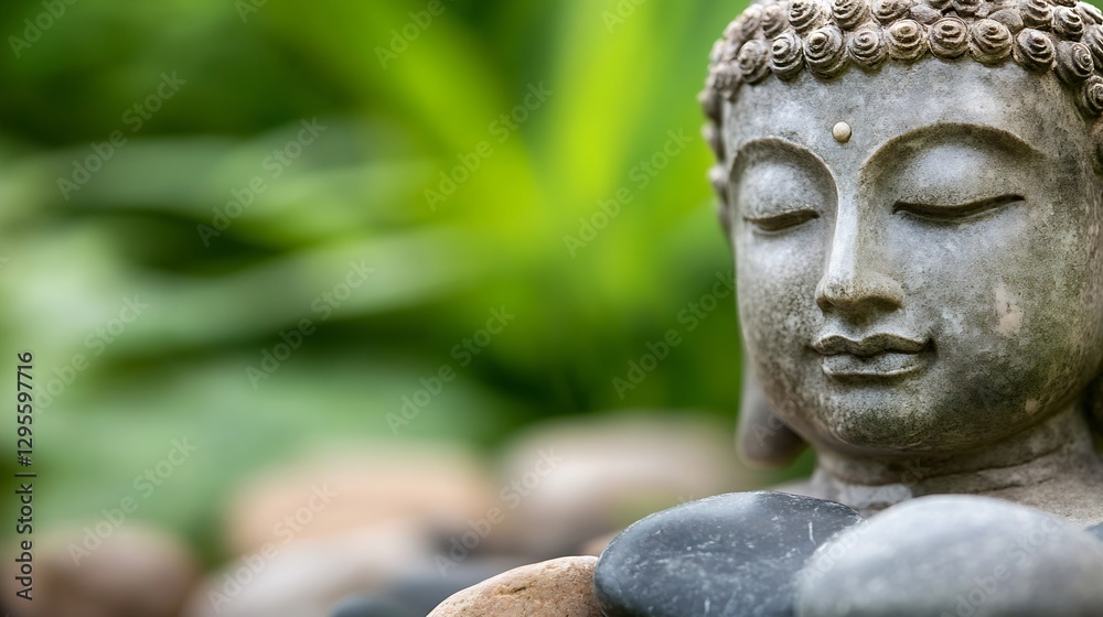 Poster tranquil buddha statue surrounded by smooth stones and lush greenery : generative ai