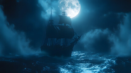 A pirate ship sails on the sea under the moonlight with turbulent sea water.