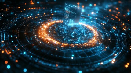 Futuristic digital interface with glowing circular patterns and a central element.