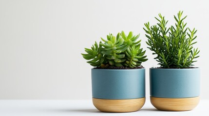 Unique minimalist planters with original plants on a solid white background