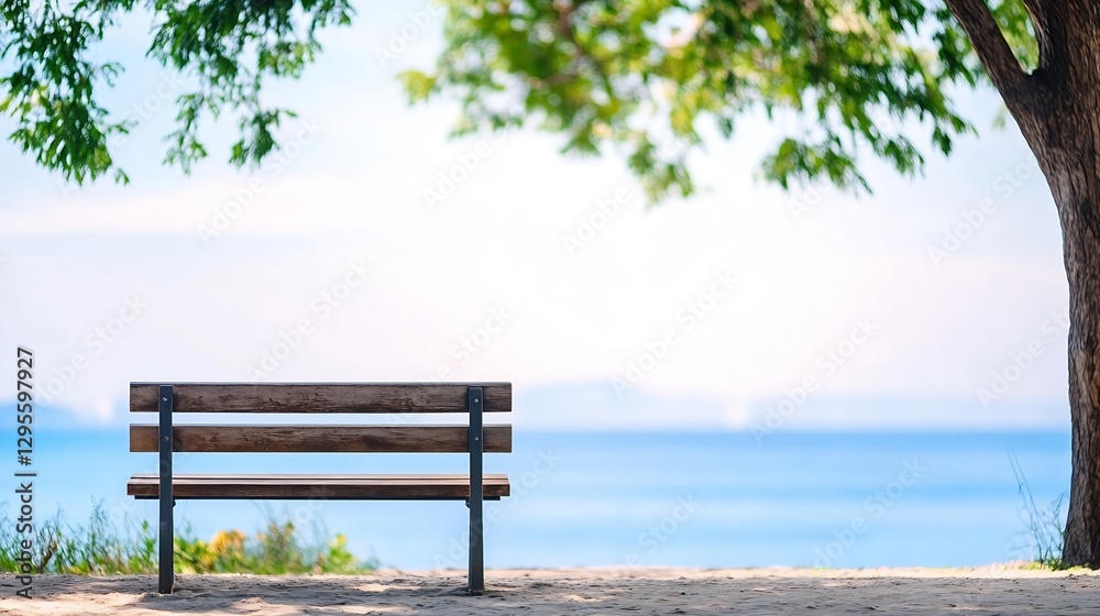 Poster beautiful tranquil seaside bench surrounded by greenery and vibrant nature overlooking the serene oc