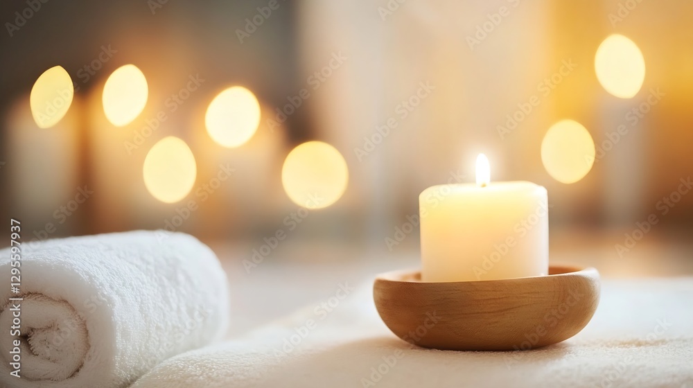 Poster tranquil spa setting featuring a soft white candle and cozy towels for relaxation : generative ai