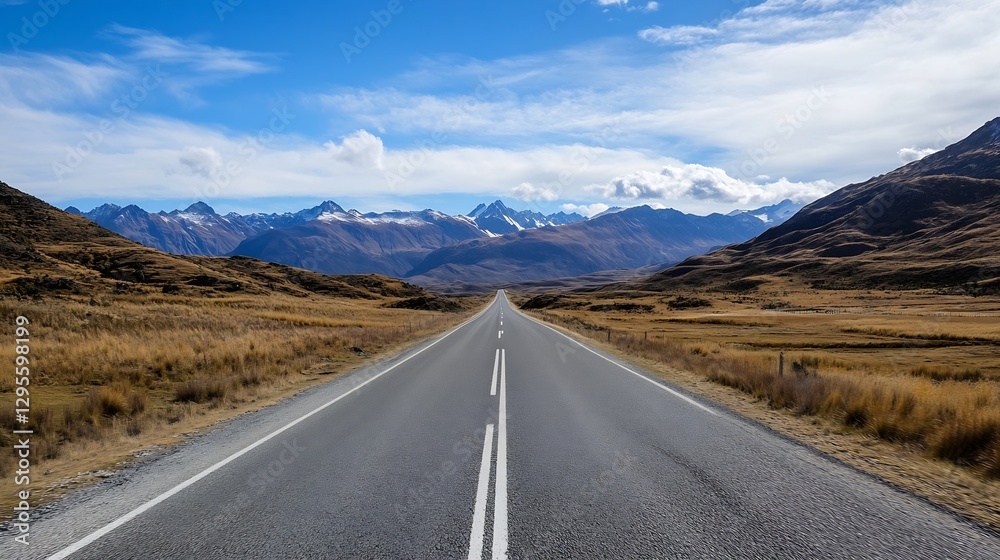 Aufkleber Scenic View of a Long Stretch of Road Surrounded by Majestic Mountains and Open Fields : Generative AI
