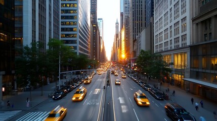 Naklejka premium Golden hour cityscape with bustling traffic featuring scenic buildings and urban energy : Generative AI