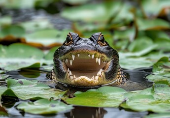 Fototapeta premium Close-Up of Alligator Emerging from Water Surrounded by Lily Pads with Intimidating Teeth and Expressive Eyes in a Natural Habitat