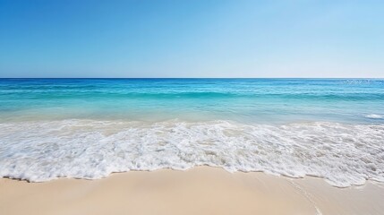 Fototapeta premium Tranquil Beach Scene with Clear Blue Water and Gentle Waves on Sandy Shore : Generative AI