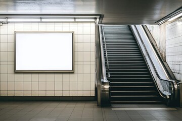 Blank Advertisement in Subway Station with Escalator and Stairs