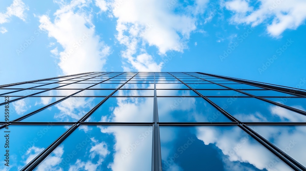 Poster contemporary skyscraper facade reflecting clouds in the sky emphasizing modern architecture : genera