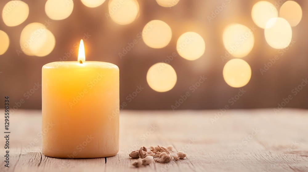 Leinwandbilder scented candle lit on rustic table with warm glow and bokeh background : generative ai