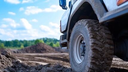 Off-Road Vehicle Tire on Rough Terrain Under Blue Sky with Clouds : Generative AI