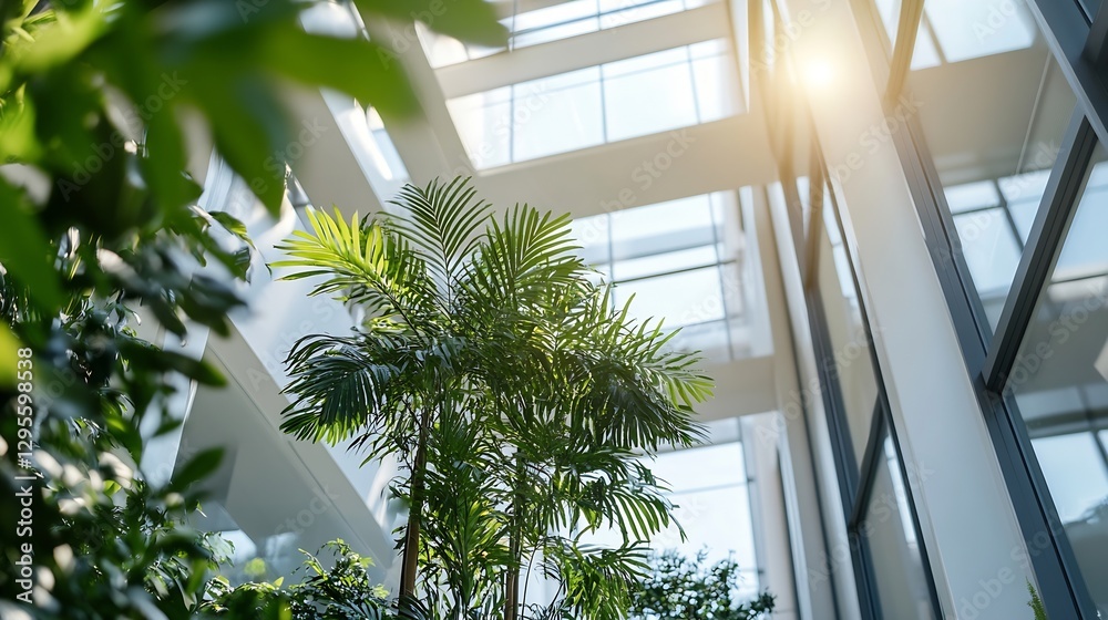Poster stunning view of tropical palm trees inside a modern building with sunlight streaming through glass 