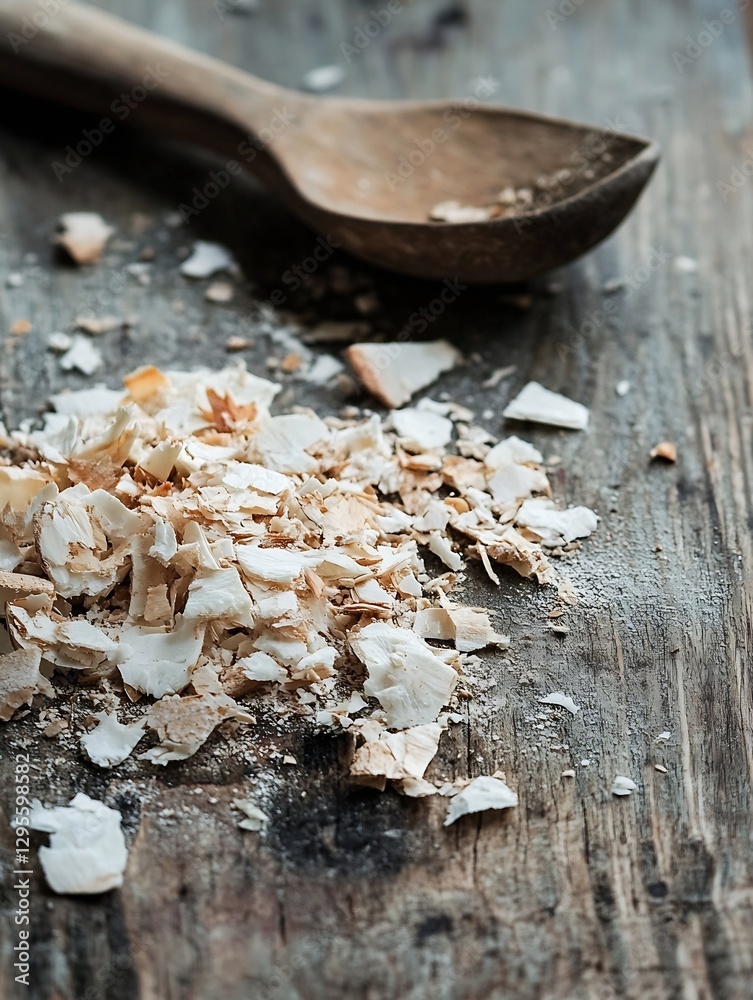 Poster close up of wood shavings on a rustic surface with a wooden spoon nearby for crafting projects : gen