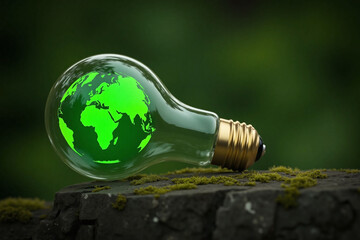 light bulb with a green globe inside of it sitting on a moss covered rock