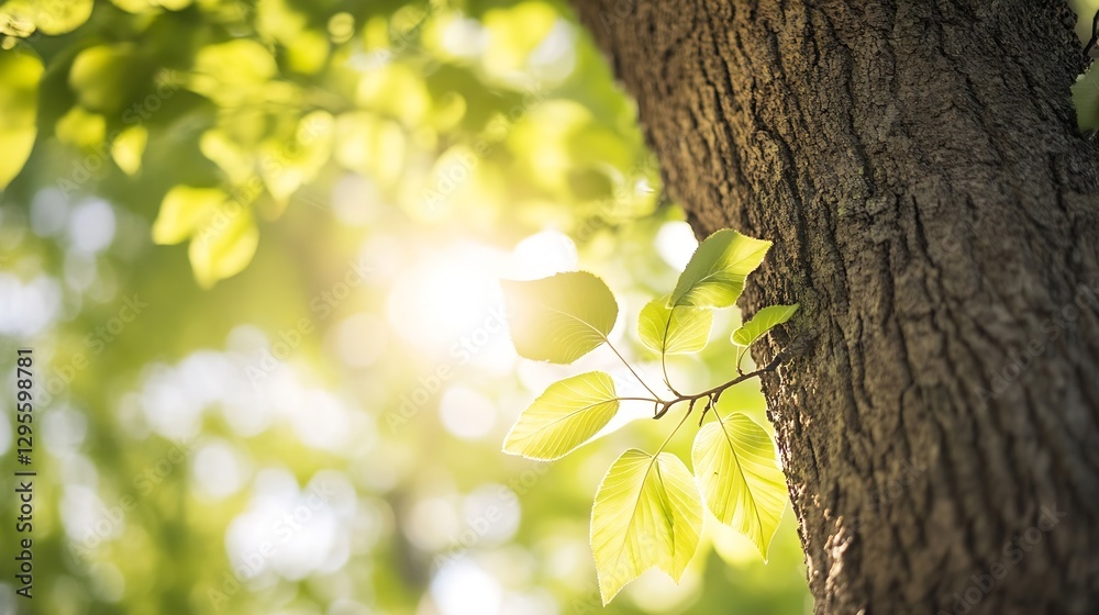 Aufkleber close up of bright green leaves shining in sunlight against the textured bark of a tree : generative