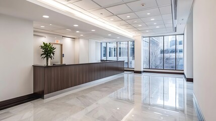 Fototapeta premium Empty reception area with modern design and natural light in corporate office : Generative AI