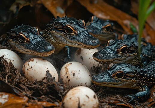 Close-Up of Alligator Hatchlings Surrounding Their Eggs in a Lush Environment, Highlighting Nesting Behavior and Natural Habitat of Reptiles