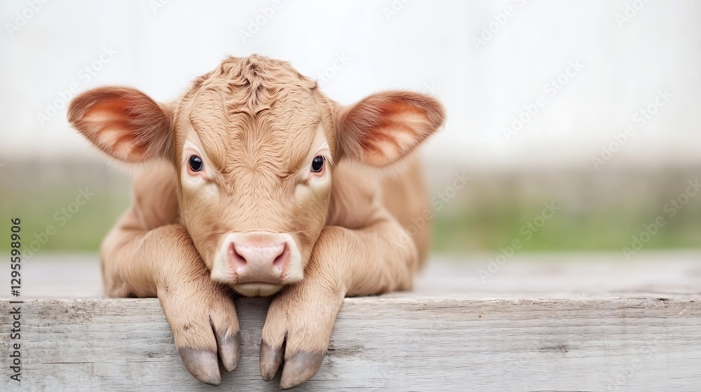 Poster young brown calf resting on a wooden surface with a peaceful expression : generative ai