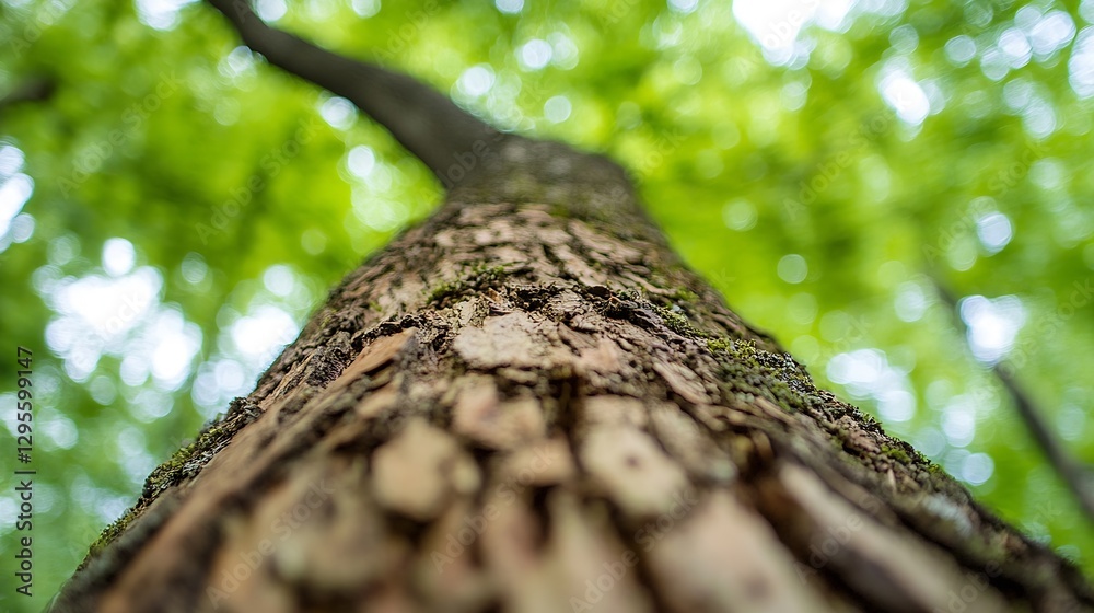 Poster close-up of tree bark with fresh green leaves and soft focus background : generative ai