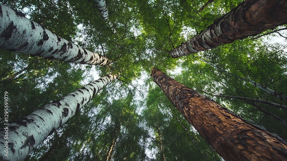 Poster majestic view looking up at towering trees in a lush green forest canopy : generative ai