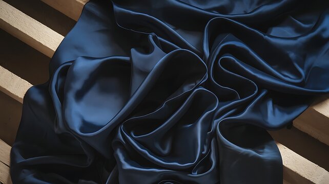 Elegant Drape of Silk: A close-up studio shot of a luxurious, deep blue silk fabric artfully draped, showcasing its rich texture and flowing folds, catching the light for a visually stunning effect.