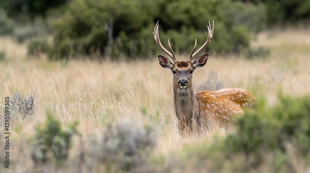 Poster alert male deer standing in tall grass with antlers and a curious expression : generative ai