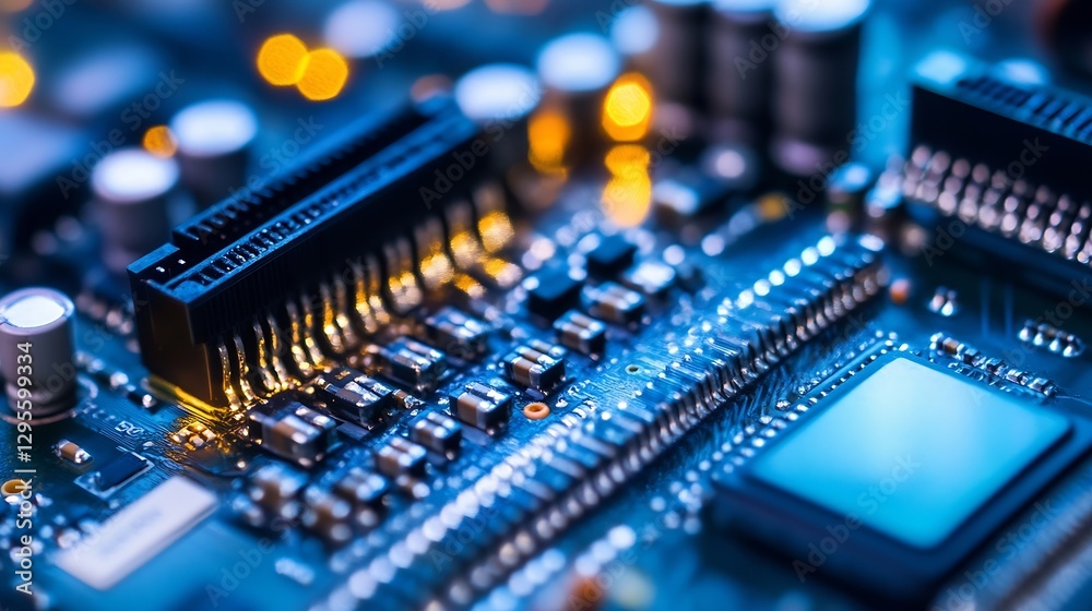 Leinwandbilder high-tech circuit board in focus with leds and components glowing brightly : generative ai