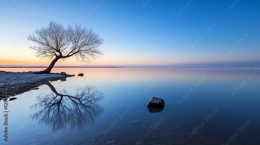 Poster Isolated Tree Silhouette on a Calm Water Surface at Dusk with Reflection : Generative AI