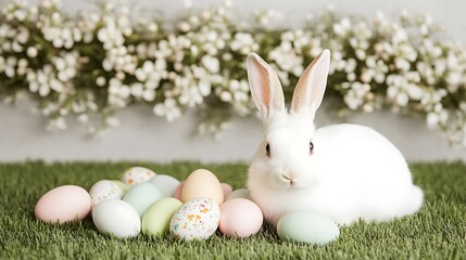 Obraz premium A Charming Easter Bunny Surrounded by Colorful Eggs and Vibrant Spring Flowers
