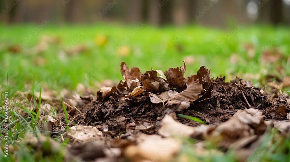 Aufkleber close up view of brown leaves and fresh grass in autumn environment : generative ai