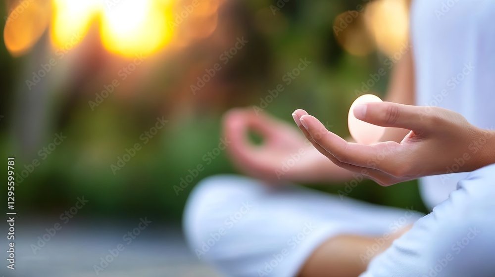 Poster mindful meditation session with hand in focus as sunlight creates a peaceful environment : generativ
