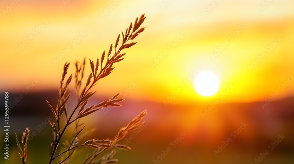 Poster golden sunrise over silhouetted grass with vibrant colors in the sky creating a serene atmosphere : 