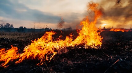 Intense fire consuming grassland during a wildfire showcasing nature's destructive power : Generative AI