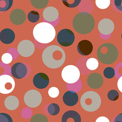 Retro style colors Abstract geometric seamless pattern Mixed colorful silhouetted circles, rounded shapes on a muted orange peach background