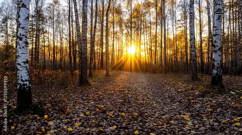 Poster serene autumn forest landscape at sunset with golden sunlight filtering through the trees : generati