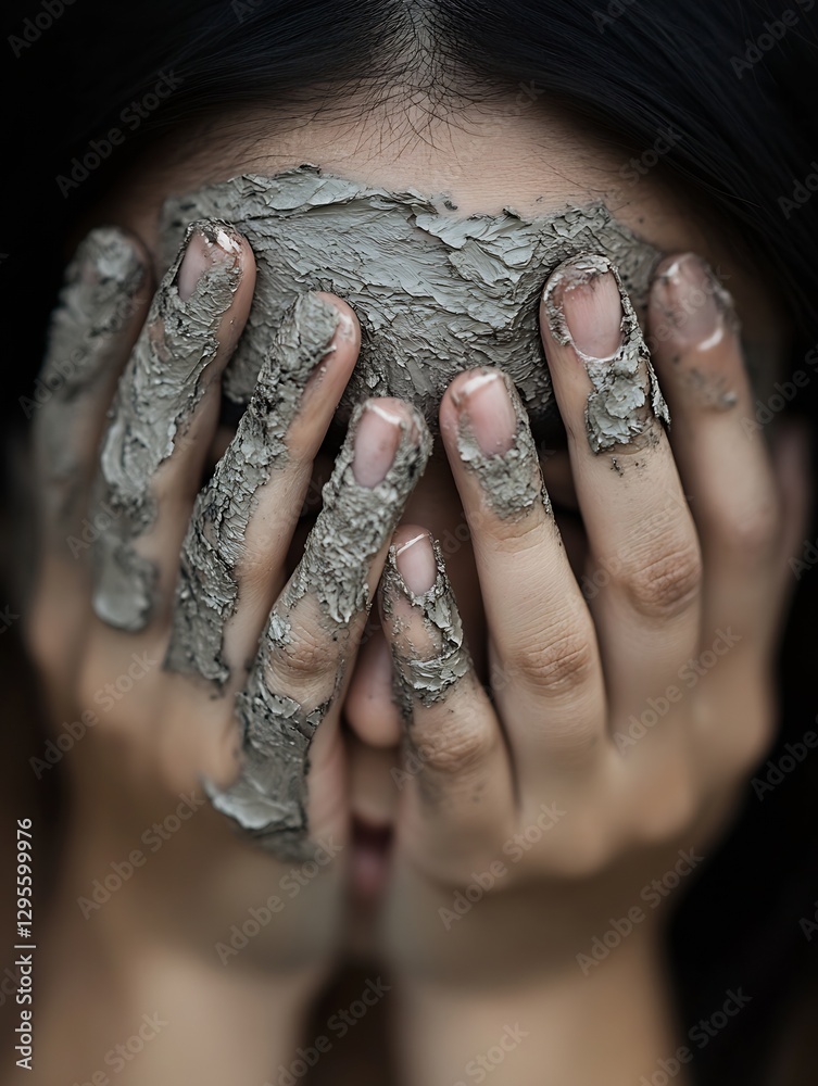 Poster Artistic Representation of Hands Covered in Clay with a Shrouded Face Creating Emotional Impact : Generative AI