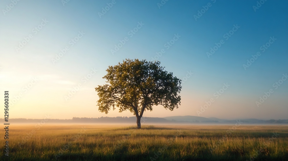 Poster Solitary tree in a golden field at dawn creating a captivating silhouette against a misty backdrop : Generative AI