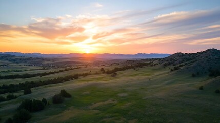 Breathtaking Sunset Over Rolling Hills and Mountains in Tranquil Landscape : Generative AI