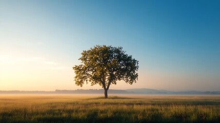 Obraz premium Solitary tree in a golden field at dawn creating a captivating silhouette against a misty backdrop : Generative AI