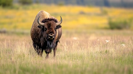 Majestic Bison Grazing in a Meadow Under Bright Open Sky : Generative AI