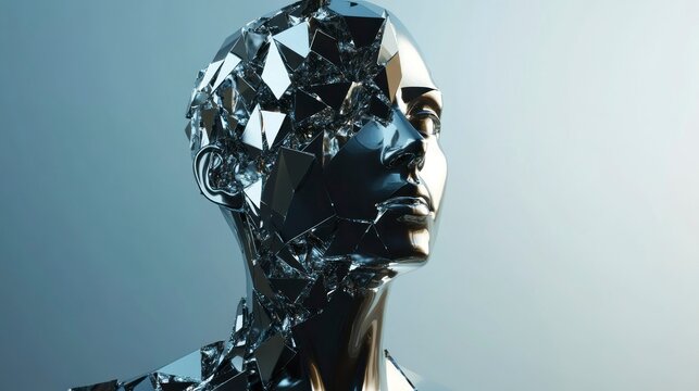 Geometrically fragmented human figure statue digital art abstract studio close-up futuristic aesthetics