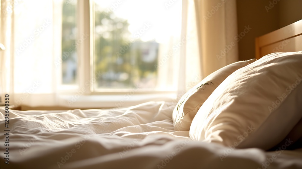 Poster bright and airy bedroom with soft pillows and warm sunlight streaming through windows : generative a