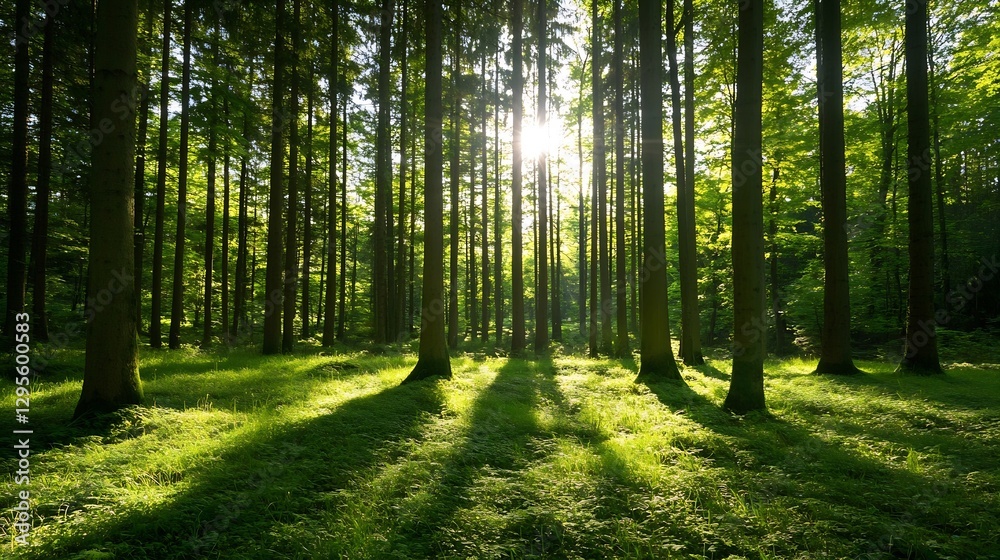 Aufkleber Sunlight Filtering Through Tall Trees in Serene Forest Creating Peaceful Atmosphere for Nature Lovers : Generative AI