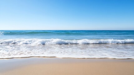 Fototapeta premium Calm ocean waves gently rolling onto a sandy beach under a clear blue sky on a sunny day : Generative AI