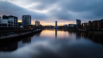 Naklejka premium Stunning river view at dusk reflecting city lights with a serene atmosphere : Generative AI