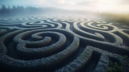 Naklejka premium Intricate hyperrealistic maze without exit serene landscape digital artwork aerial view conceptual challenge