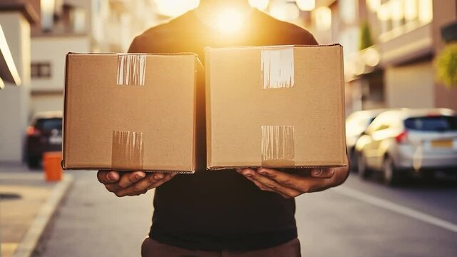 Delivery Man Holding Cardboard Boxes Outdoors